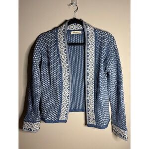 Woolovers Women's Blue Patterned Knit Cardigan‎ Sweater Open Front